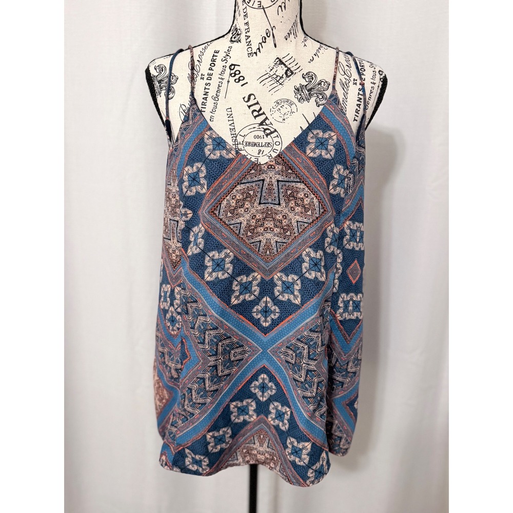 Skies Are Blue Womens Large Blue Geometric Medallion Print V-Neck Cami Tank Top